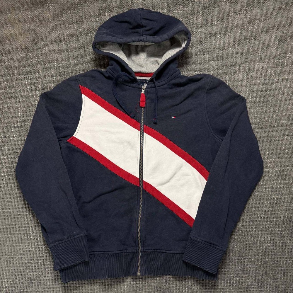 Tommy Hilfiger Zip Up Hoodie Mens Medium Navy Blue Red White Colorblock Stripe
